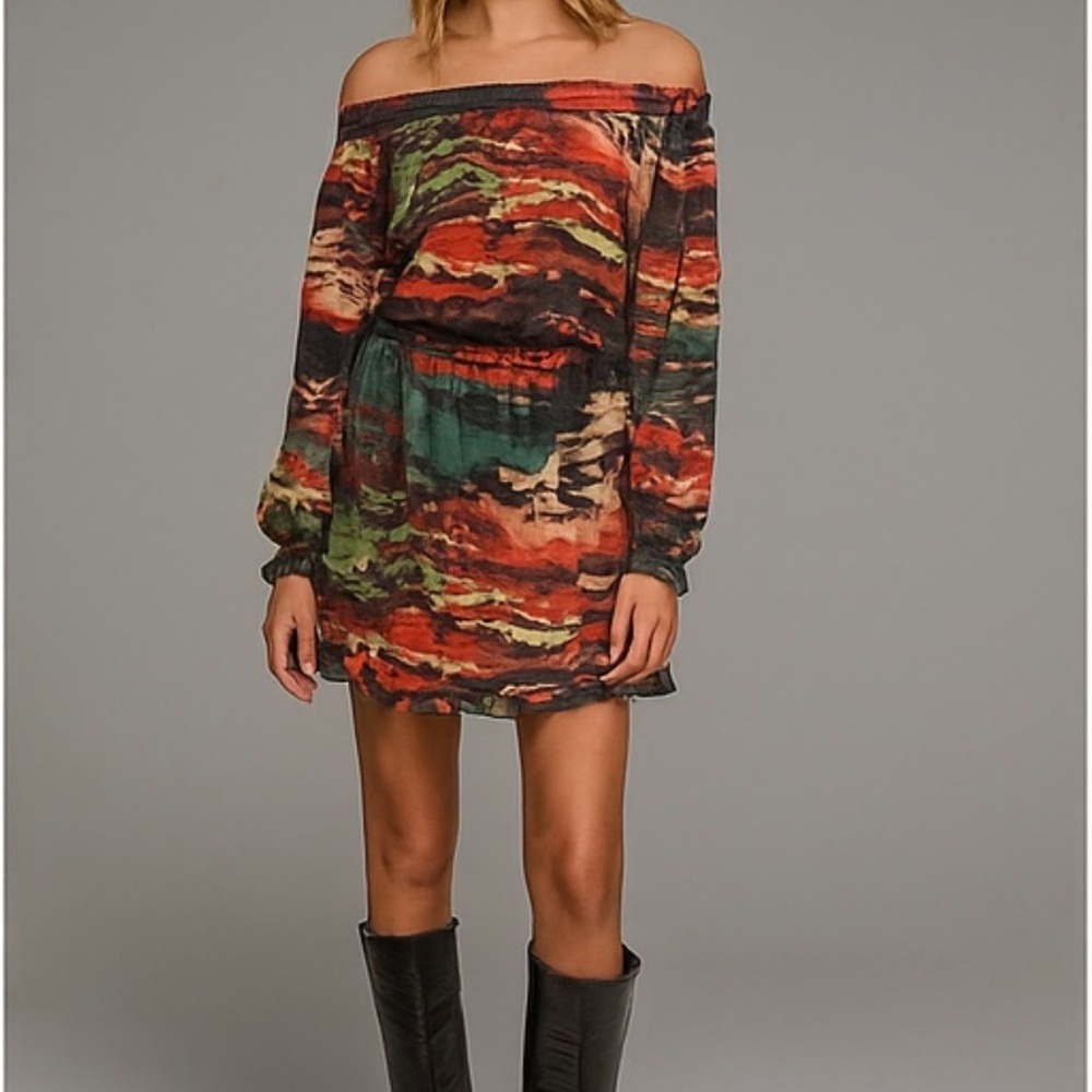 NEW R Cinco Ranch Off Shoulder Abstract Print Elastic Waist Dress S Boho